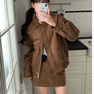 韩国chic秋日美拉德麂皮绒夹克长袖外套+A字半身裙时尚套装