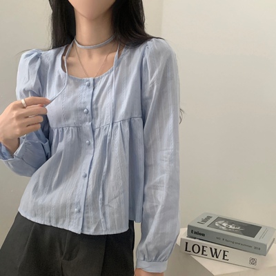 韩国chic 早春 飘带 单排扣 提花 长袖衬衫女