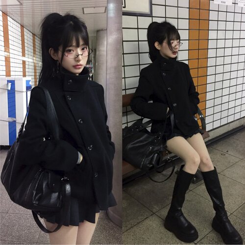 有货 韩国ins复古气质日系立领呢子小个子修身显瘦短款毛呢外套女