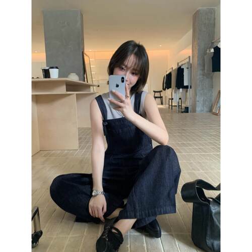 有货ins韩国深蓝色宽松背带裤牛仔裤秋季复古松弛慵懒感裤子
