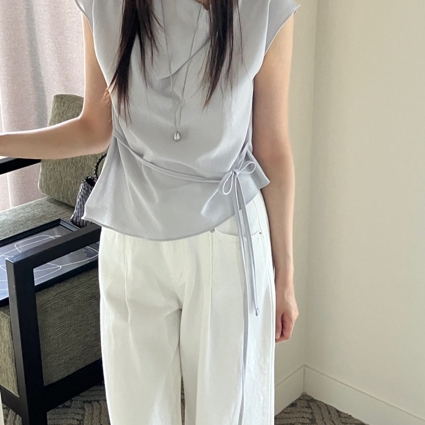 韩国ins 夏日 缎面 不规则 绑带 吊带背心