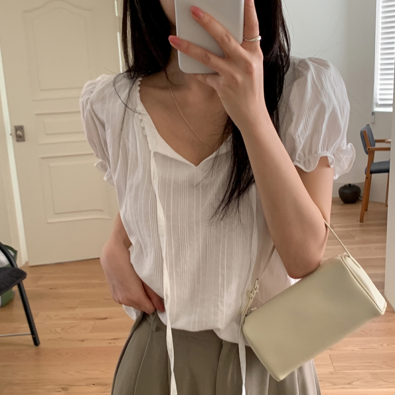 韩国chic夏日 花边拼接 棉提花 短袖 衬衫