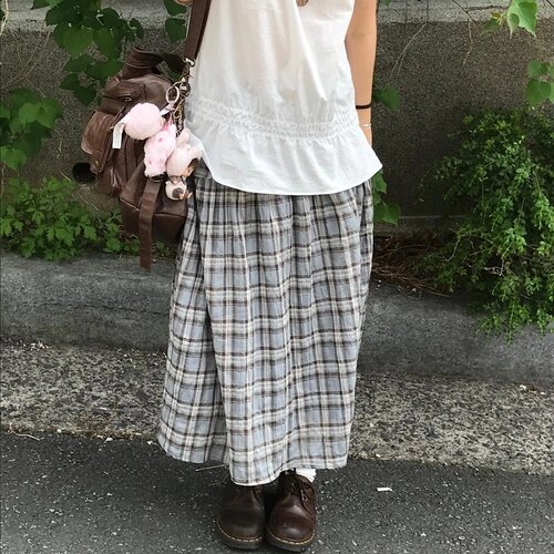已出货 韩国复古鬼马系少女褶皱格纹休闲慵懒风森系中长款半身裙