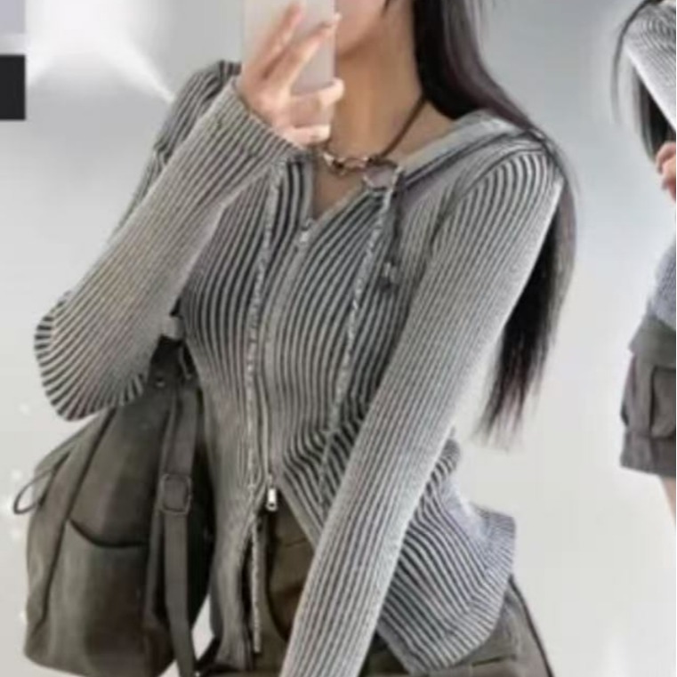 四色秋冬韩国日系复古扎染做旧磨色拉链连帽修身针织衫毛衣外套