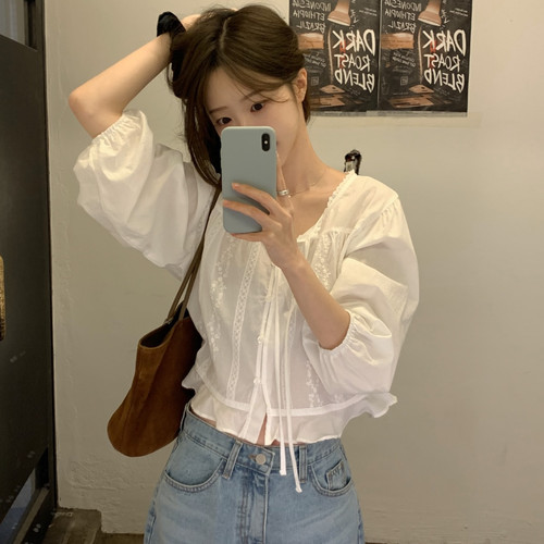 有货 韩国chic 韩系甜美少女刺绣镂空系带轻薄宽松衬衫