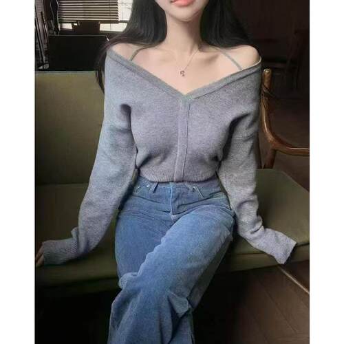 已出货  chic韩国小众设计感简约V领挂脖针织衫