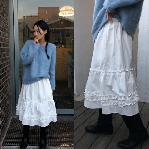 有货 韩国chic春季气质甜美减龄木耳边松紧腰中长款小个子半身裙