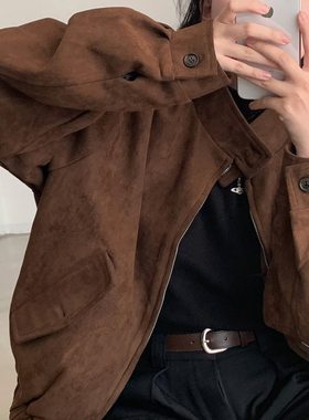 韩国ins 秋冬 复古保暖 鹿皮绒 双拉链 外套夹克