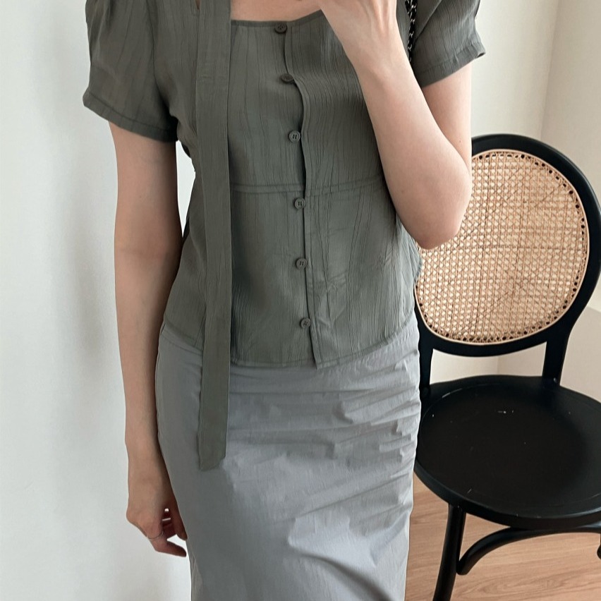 韩国chic夏日气质方领绑带 单排扣短袖衬衫