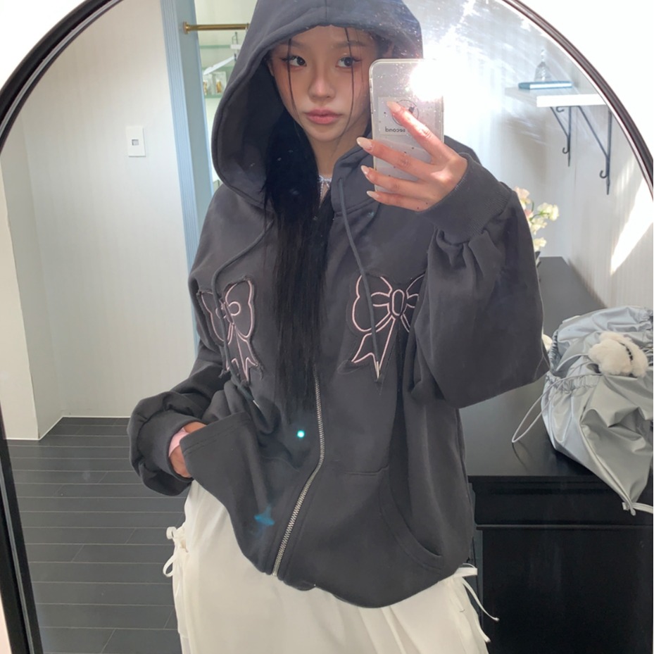 秋冬 可爱甜美韩国蝴蝶结贴布刺绣拉链连帽宽松卫衣外套oversize