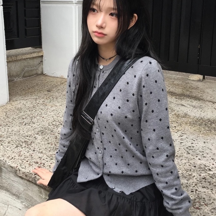 2色入秋冬韩国新款波点圆点双面厚款针织开衫外套日系学院百搭