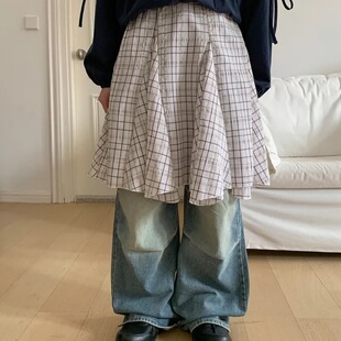 韩国春夏新款ins复古休闲多片复杂拼接不规则立体裙摆格子半身裙