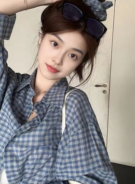 韩系复古蓝色格子衬衫外套女夏新款宽松格纹防晒衬衣长袖休闲上衣