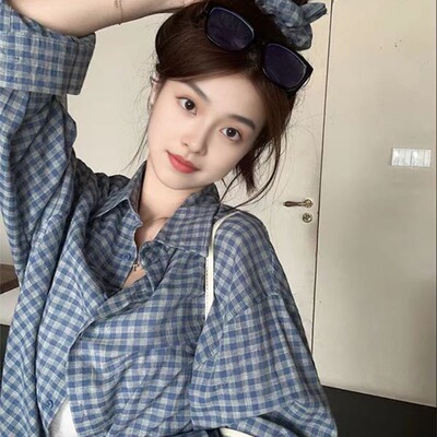 韩系复古蓝色格子衬衫外套女夏新款宽松格纹防晒衬衣长袖休闲上衣