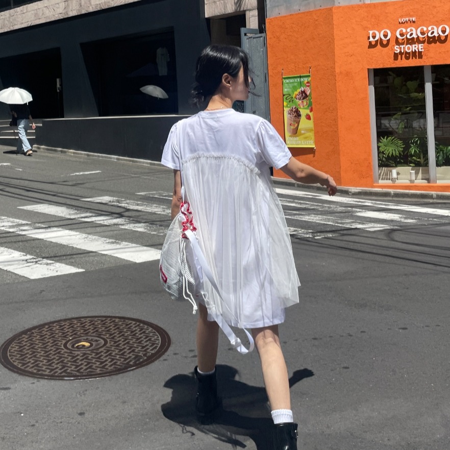 三色韩国ins日系少女纯色假两件网纱拼接双层裙摆T恤连衣裙宽松