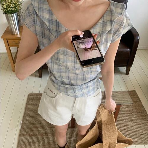 已出货尺码更新韩国chic夏季新款复古甜美格子薄款荷叶边短袖衫