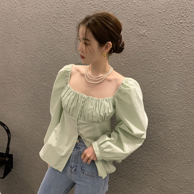 尺码更新 现huo早春 韩国ins  设计感 方领一字肩衬衫女排扣衬衣