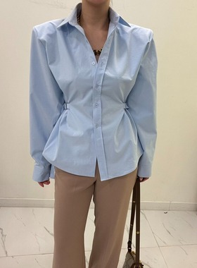 韩国chic早春 收腰显瘦长袖衬衫女白色衬衣 带垫肩