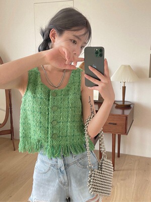 加色   韩国 ins夏日 流苏 粗花呢背心