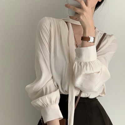 韩国chic早秋气质V领单排扣飘带长袖衬衫