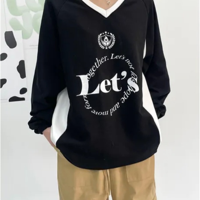 三色韩国秋冬休闲字母毛圈撞色拼接宽松V领运动卫衣oversize