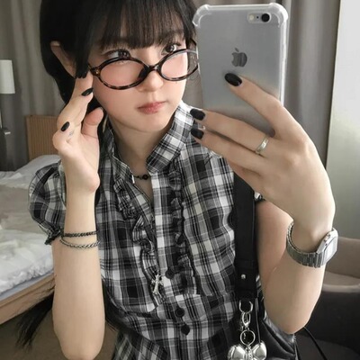 韩国chic春日 荷叶边 单排扣 短袖衬衫 格子衬衣衬衫女装2026年