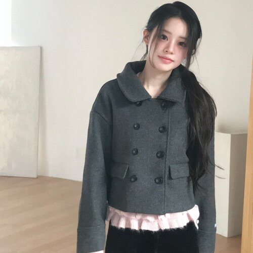 现韩国东大门复古气质设计感翻领双排扣显瘦小个子短款毛呢外套