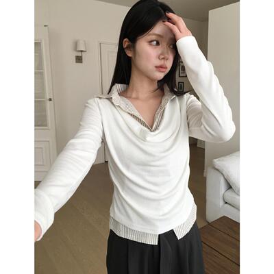 韩国 chic 春日 条纹衬衣 拼接 长袖T恤