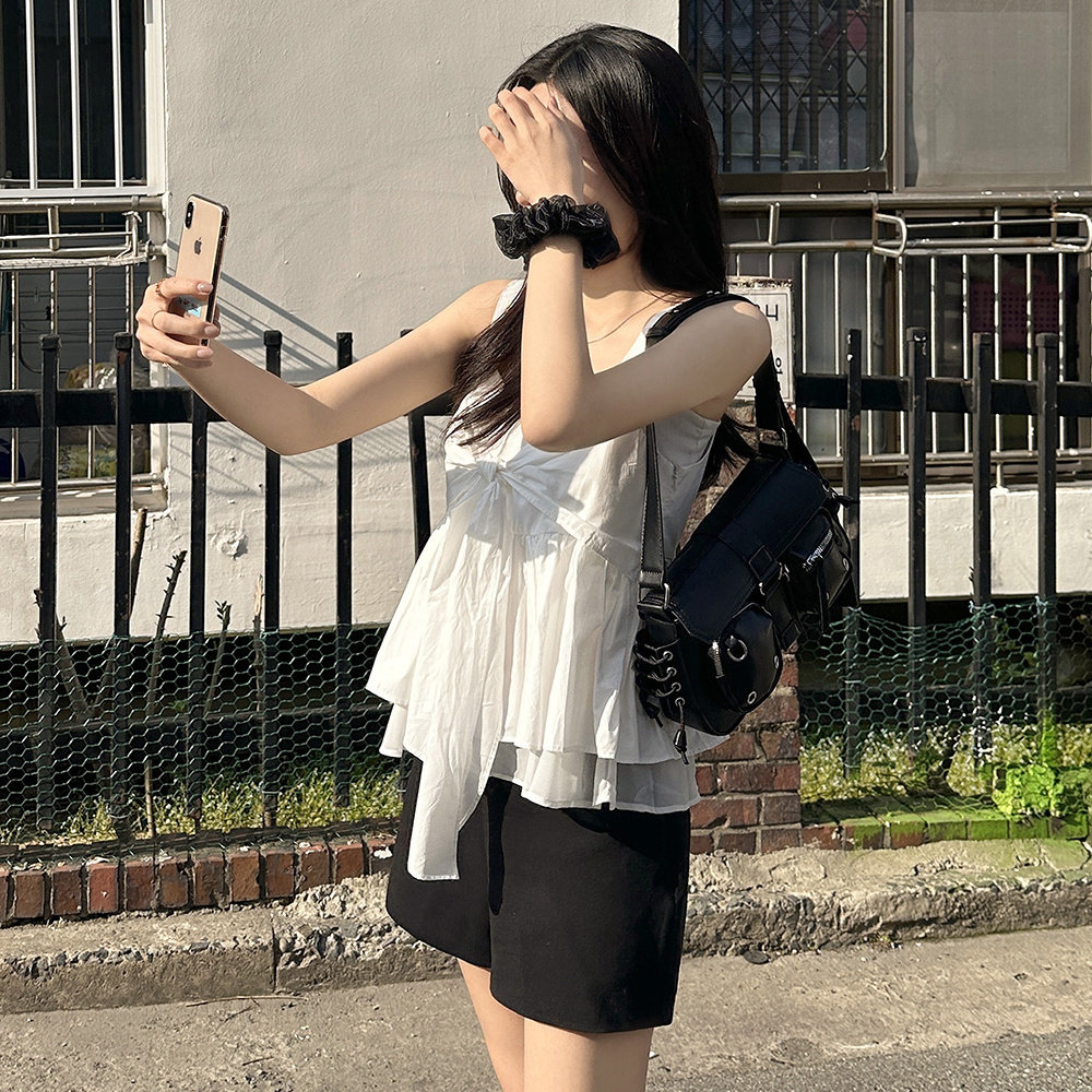 有货 韩国chic甜美减龄小清新蝴蝶结系带休闲百搭背心吊带上衣女