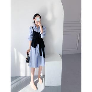 有货 韩国chic早秋气质淑女宽松衬衫式连衣裙+吊带裙套装女
