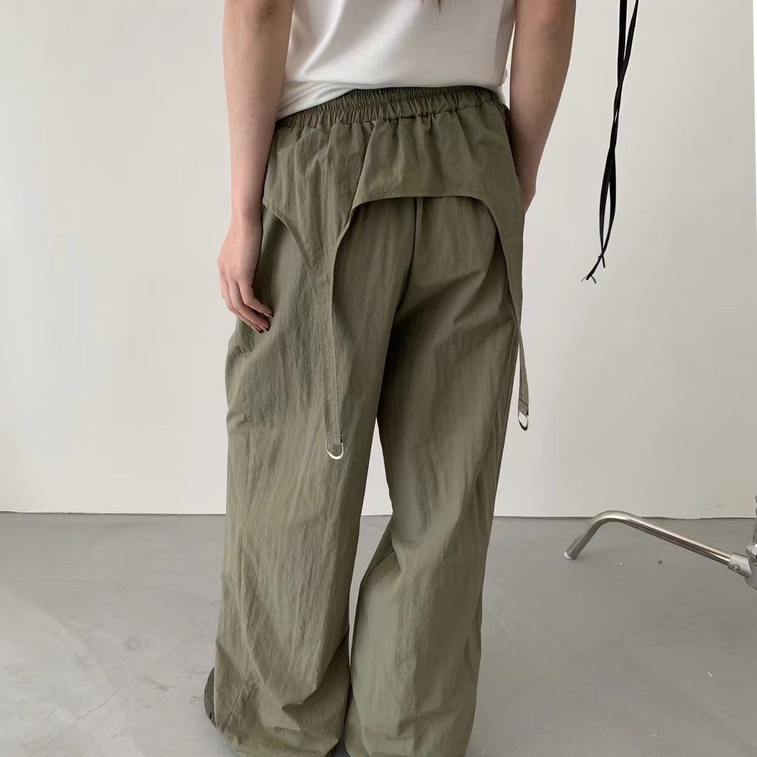 三色韩国ins复古帅气中性不规则金属扣装饰尼龙长裤直筒裤夏季薄