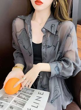 夏季灰色雪纺衬衫女装夏装2023年新款长袖上衣气质百搭防晒衫薄款