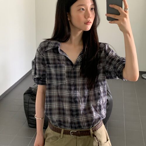 有货  韩国chic 秋日新款 单排扣格子衬衫女短袖衬衣