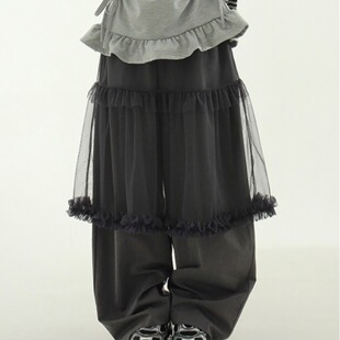 色夏季韩国少女风网纱花边半身裙长裤假两件休闲裤复古日系纯色