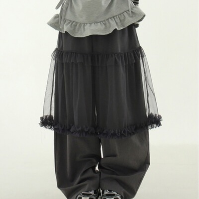 色夏季韩国少女风网纱花边半身裙长裤假两件休闲裤复古日系纯色