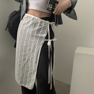 ins 早春 百搭 蕾丝网纱 绑带 裹身裙半身裙半身裙