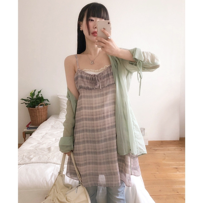 韩国chic夏日格纹气质飘带雪纺吊带连衣裙