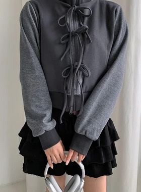 加绒加厚冬季韩国复古假两件撞色系带绑带拼接短外套保暖卫衣