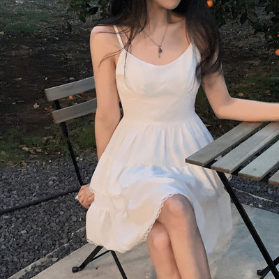 有货 韩国ins秋日白色法吊带连衣裙女裙子花边无袖蛋糕裙