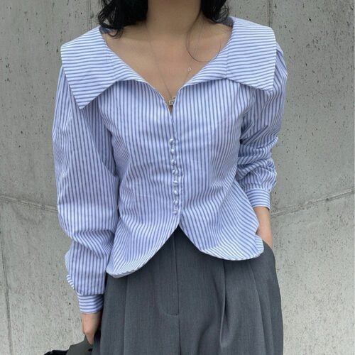 有货 韩国ins秋日气质 翻领单排扣长袖衬衫女修身显瘦条纹衬衣