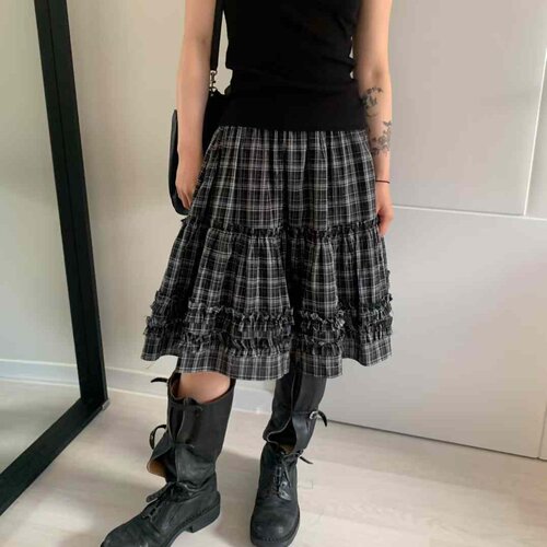 已出货 韩国东大门复古气质格纹松紧腰显瘦木耳边小个子A字半身裙