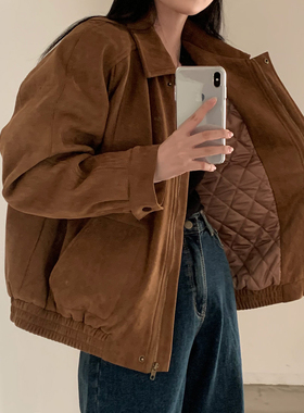 韩国chic秋冬 美拉德 麂皮绒 夹棉长袖棉衣外套