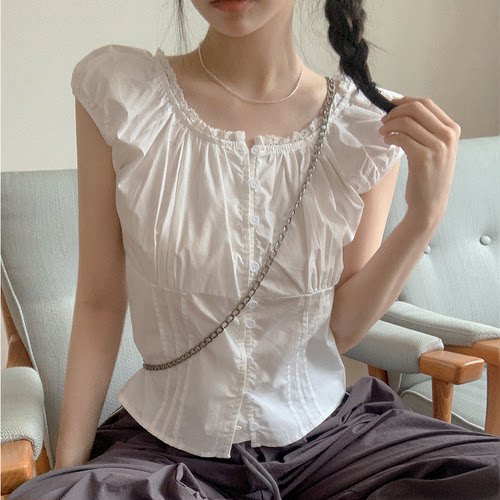有货韩国东大门夏装新款 蕾丝边单排扣衬衫上衣女