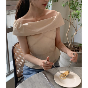 韩国chic小众复古一字肩衬衫女百搭气质辣妹衬衣女时尚简约上衣