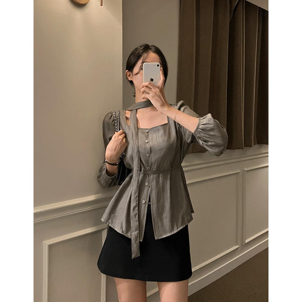 韩国 chic 秋日 方领 单排扣 飘带 系带衬衣女 长袖衬衫