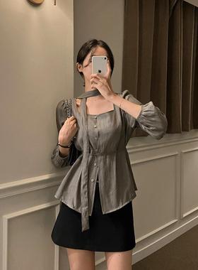 韩国 chic 秋日 方领 单排扣 飘带 系带衬衣女 长袖衬衫