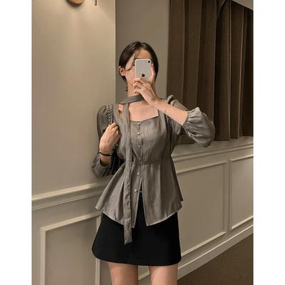 韩国 chic 秋日 方领 单排扣 飘带 系带衬衣女 长袖衬衫