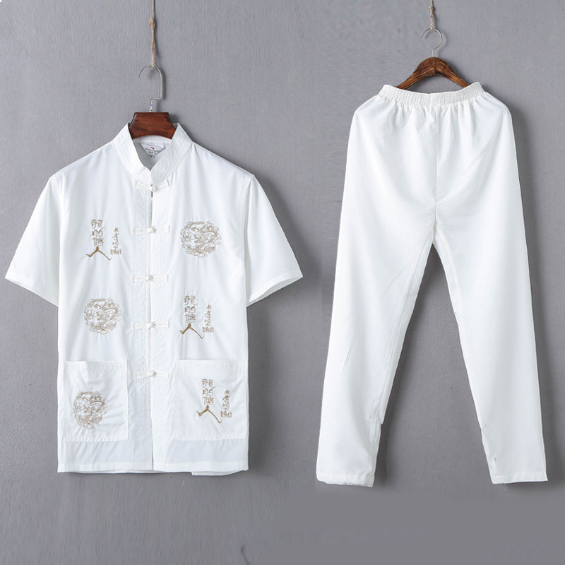 TANG COSTUME MENS CHINESE STYLE 50-60-70 YEARS OLD GRANDFATHER SUIT MIDDLE-AGED AND ELDERLY SUMMER CLOTHES SHORT-SLEEVED FATHER FATHER PAN BUCKLES THIN CLOTHES