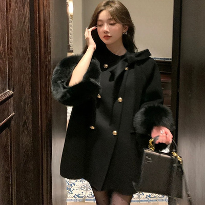 温莎千金蝴蝶结25冬新款双面羊绒大衣女斗篷狐狸毛羊毛呢皮草外套