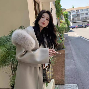 狐狸毛领羊毛外套女 连帽双面羊绒大衣中长款 法式 气质2025秋冬新款